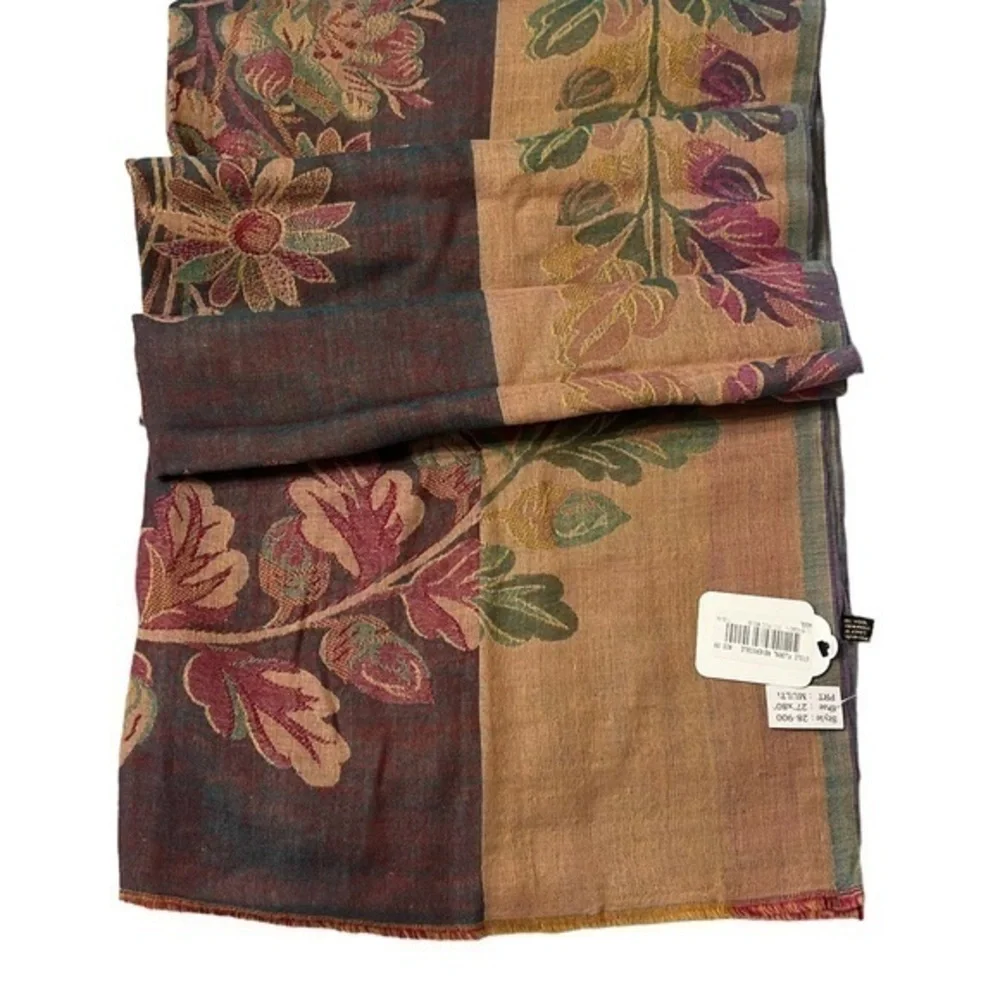 NWT Vintage Floral /leaves wool stole in gold, green & purple, lighter weight